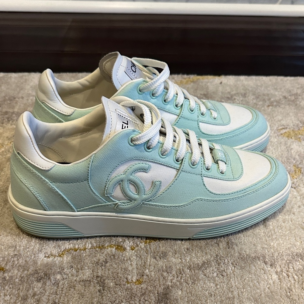 CHANEL Mint Green and White Low-Top Sneakers